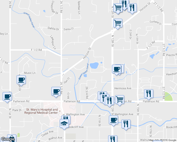 map of restaurants, bars, coffee shops, grocery stores, and more near 925 Lakeside Court in Grand Junction