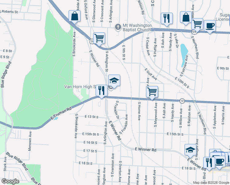 map of restaurants, bars, coffee shops, grocery stores, and more near 1109 South Arlington Avenue in Independence