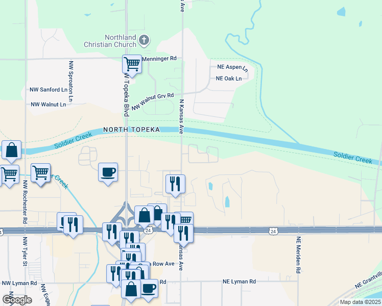 map of restaurants, bars, coffee shops, grocery stores, and more near 159 Coachlight Drive in Topeka
