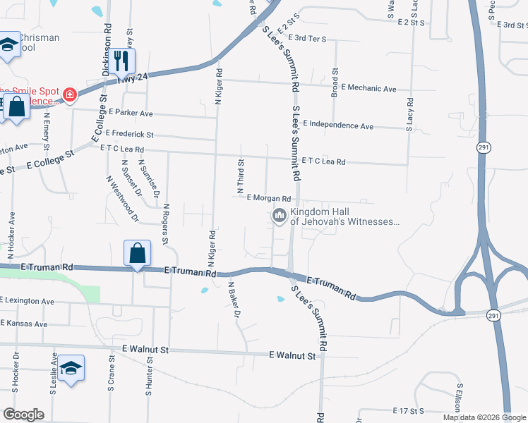map of restaurants, bars, coffee shops, grocery stores, and more near 600 North Frandsen Road in Independence