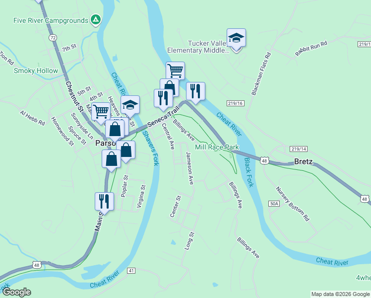 map of restaurants, bars, coffee shops, grocery stores, and more near 100 Jameson Avenue in Parsons