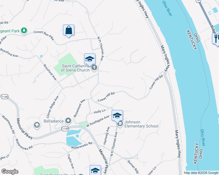 map of restaurants, bars, coffee shops, grocery stores, and more near 42 Donnelly Drive in Fort Thomas