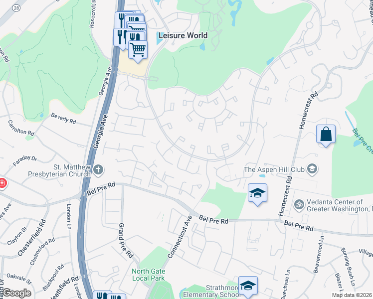 map of restaurants, bars, coffee shops, grocery stores, and more near 3561 South Leisure World Boulevard in Silver Spring