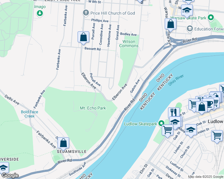 map of restaurants, bars, coffee shops, grocery stores, and more near 364 Grand Avenue in Cincinnati