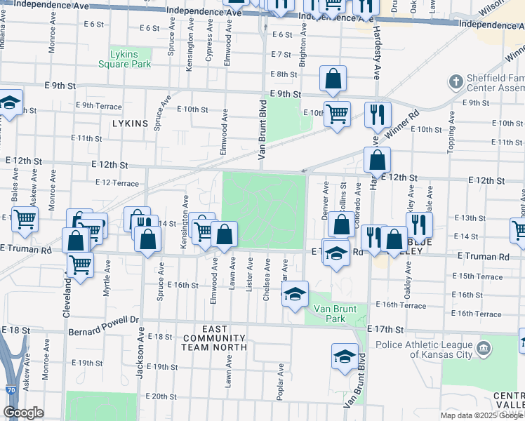 map of restaurants, bars, coffee shops, grocery stores, and more near 4900 East Truman Road in Kansas City