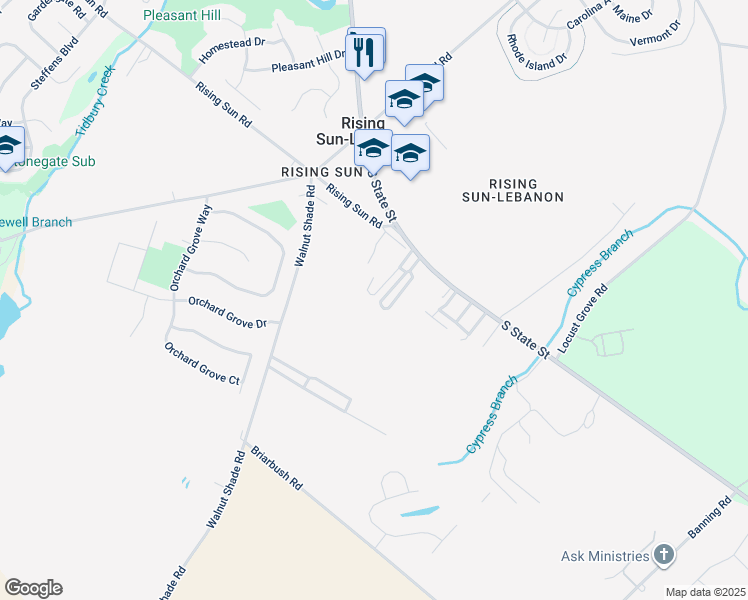 map of restaurants, bars, coffee shops, grocery stores, and more near 142 Spoon Bill Circle in Rising Sun-Lebanon
