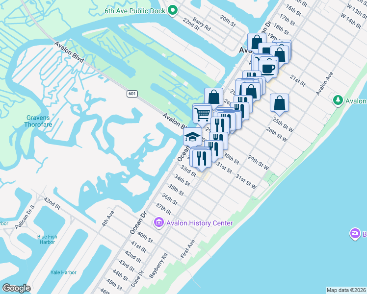 map of restaurants, bars, coffee shops, grocery stores, and more near 235 32nd Street in Avalon