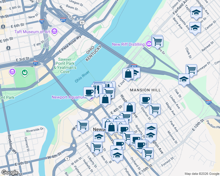 map of restaurants, bars, coffee shops, grocery stores, and more near 100 Aqua Way in Newport