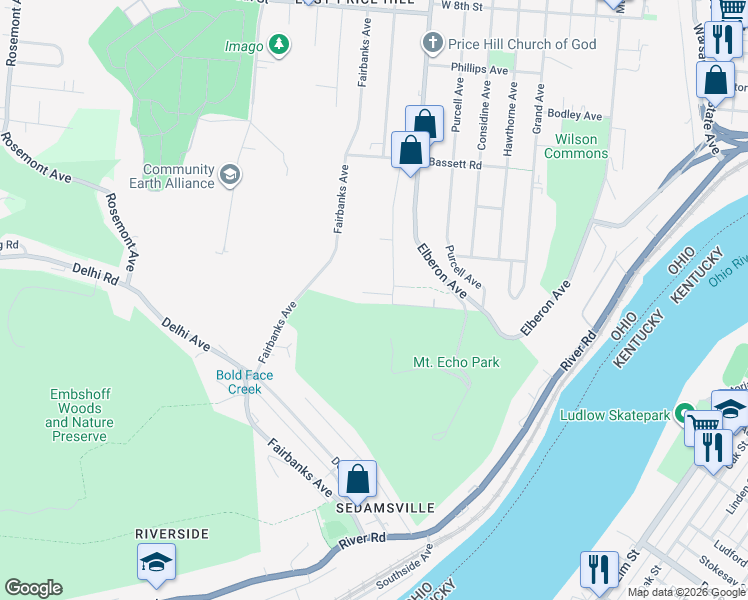 map of restaurants, bars, coffee shops, grocery stores, and more near 3515 Rosecliff Drive in Cincinnati