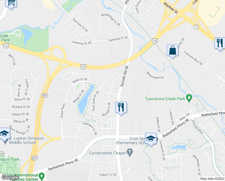 map of restaurants, bars, coffee shops, grocery stores, and more near 106 Shirley Square Southeast in Leesburg