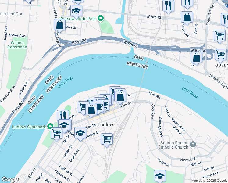map of restaurants, bars, coffee shops, grocery stores, and more near 100 Hay Street in Ludlow