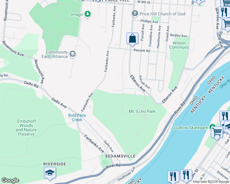 map of restaurants, bars, coffee shops, grocery stores, and more near 3515 Rosecliff Drive in Cincinnati