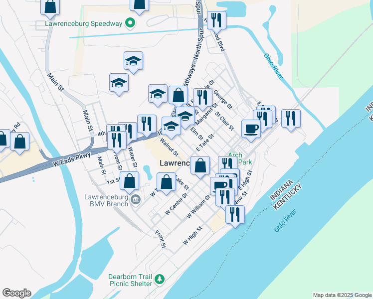 map of restaurants, bars, coffee shops, grocery stores, and more near 401 Short Street in Lawrenceburg