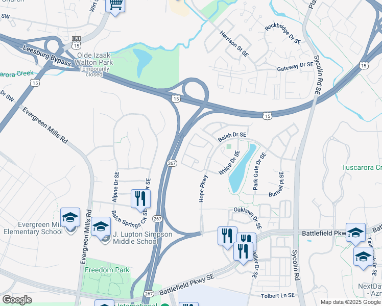 map of restaurants, bars, coffee shops, grocery stores, and more near 508 Sunset View Terrace Southeast in Leesburg