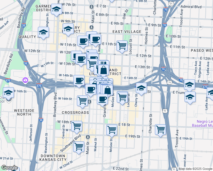 map of restaurants, bars, coffee shops, grocery stores, and more near 1457 Grand Boulevard in Kansas City