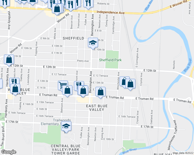 map of restaurants, bars, coffee shops, grocery stores, and more near 6618 East 13th Street in Kansas City