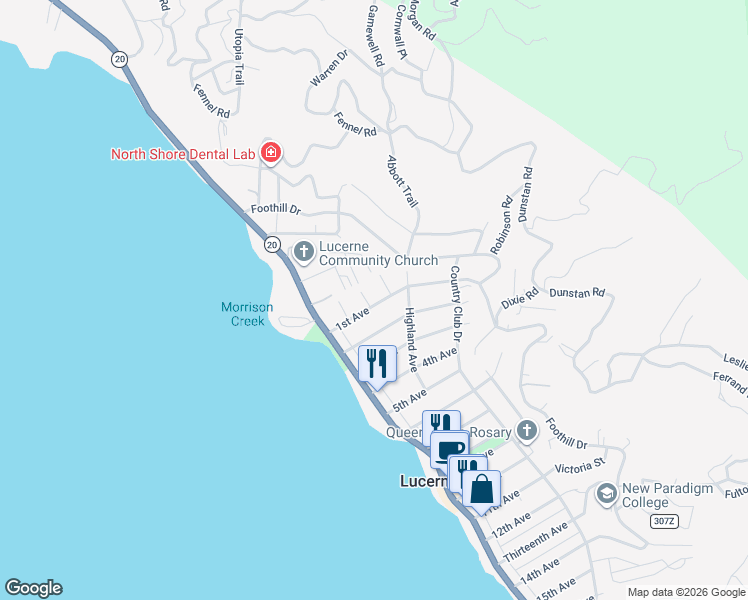 map of restaurants, bars, coffee shops, grocery stores, and more near 4410 Bush Street in Lucerne