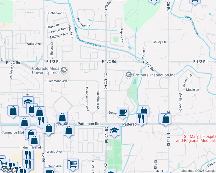 map of restaurants, bars, coffee shops, grocery stores, and more near 627 25 1/2 Road in Grand Junction