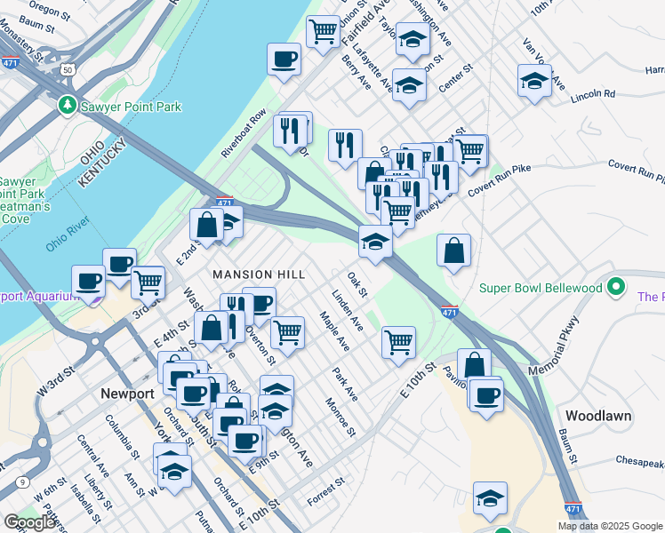 map of restaurants, bars, coffee shops, grocery stores, and more near 803 East 6th Street in Newport
