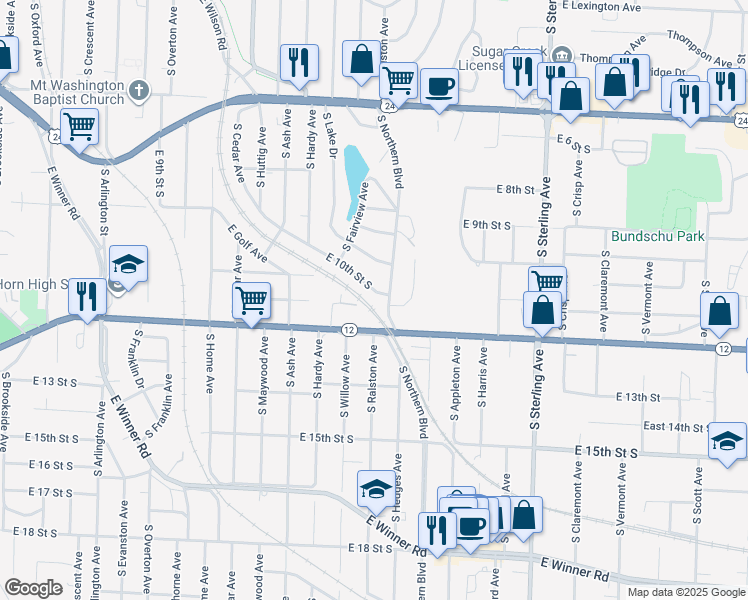 map of restaurants, bars, coffee shops, grocery stores, and more near 1109 South Northern Boulevard in Independence