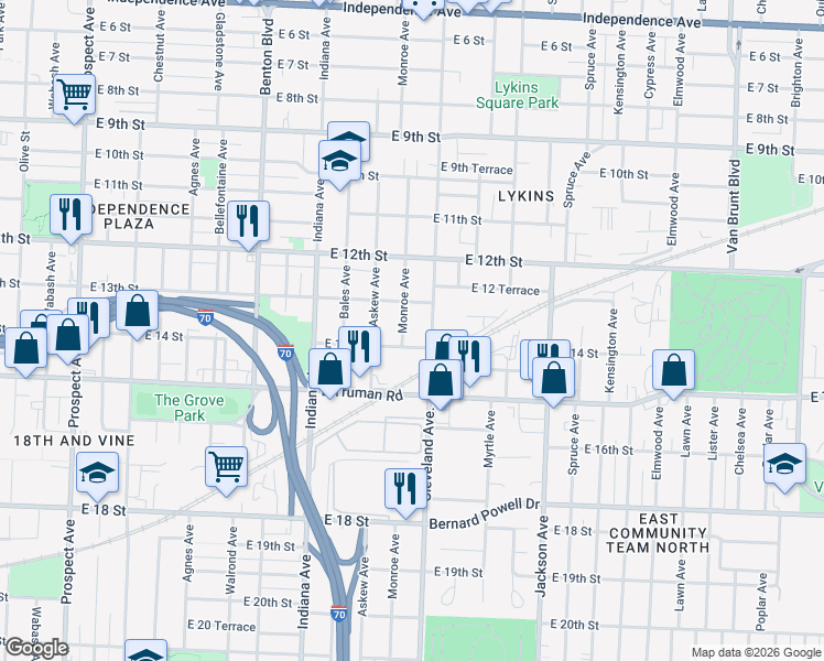 map of restaurants, bars, coffee shops, grocery stores, and more near 1326 Monroe Avenue in Kansas City