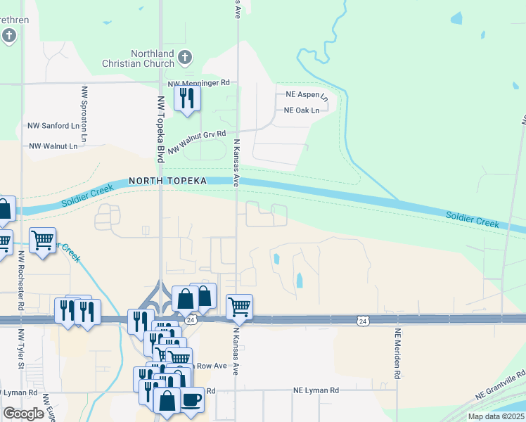 map of restaurants, bars, coffee shops, grocery stores, and more near 172 Coachlight Drive in Topeka