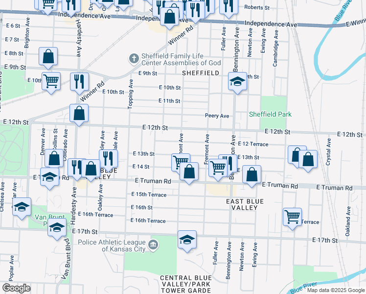 map of restaurants, bars, coffee shops, grocery stores, and more near 1239 Belmont Avenue in Kansas City