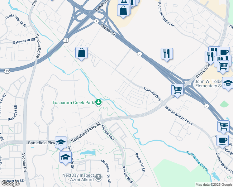 map of restaurants, bars, coffee shops, grocery stores, and more near 1009 Venifena Terrace Southeast in Leesburg