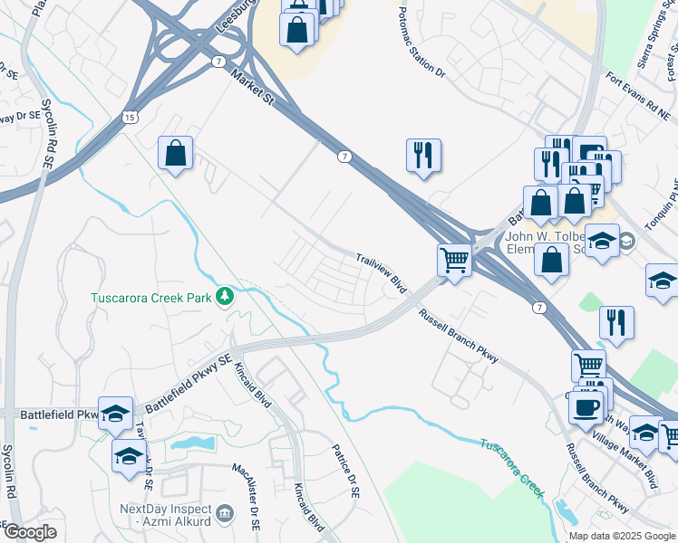 map of restaurants, bars, coffee shops, grocery stores, and more near 1020 Madeira Terrace Southeast in Leesburg
