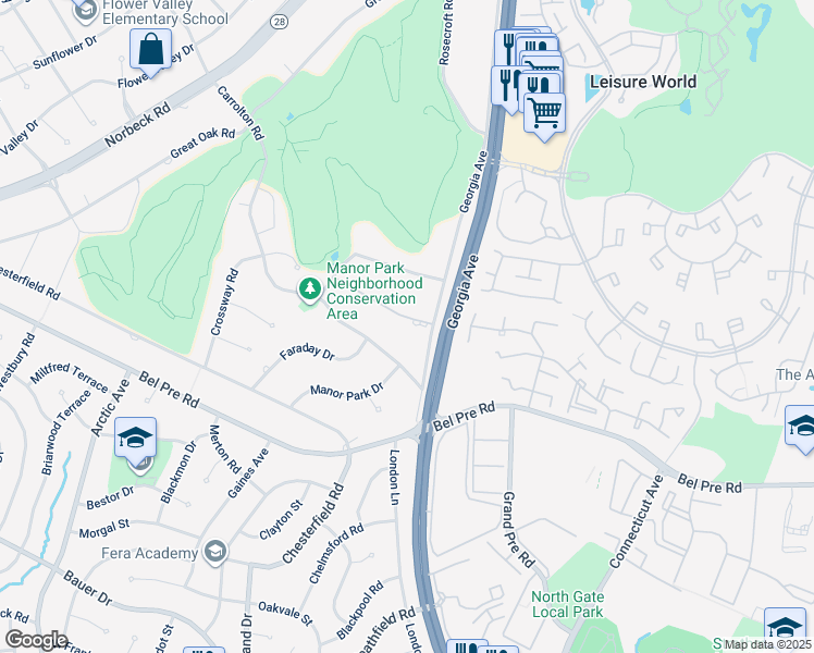 map of restaurants, bars, coffee shops, grocery stores, and more near 4008 Montpelier Road in Rockville