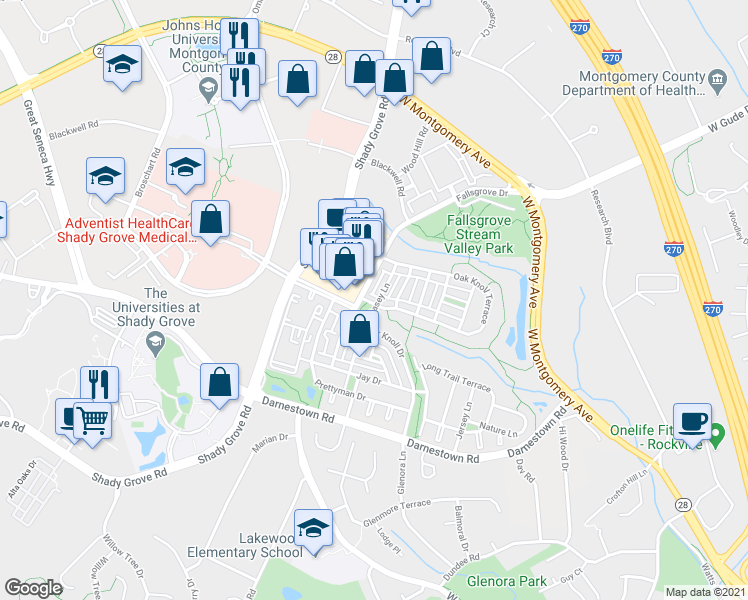 map of restaurants, bars, coffee shops, grocery stores, and more near 1102 Oak Knoll Terrace in Rockville