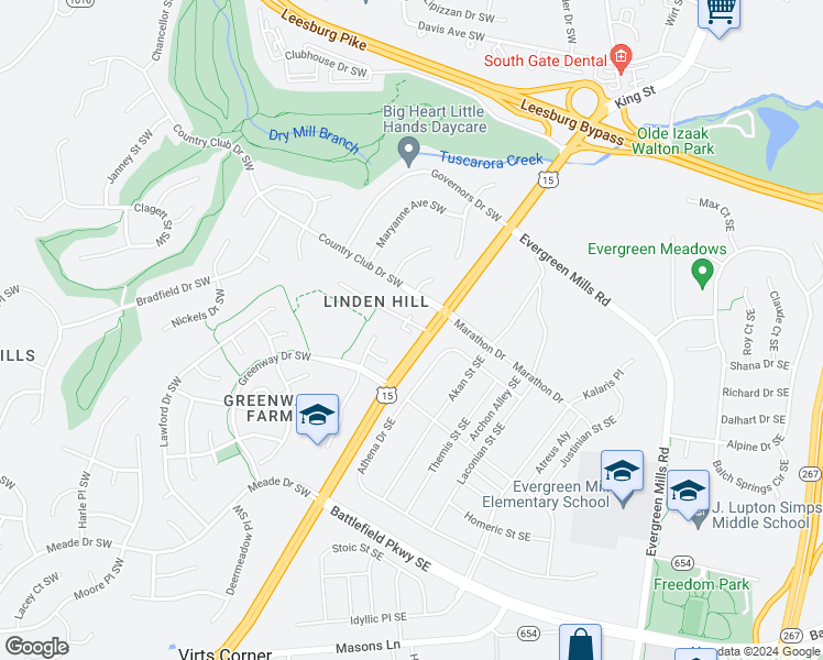 map of restaurants, bars, coffee shops, grocery stores, and more near 3 Linden Hill Way Southwest in Leesburg