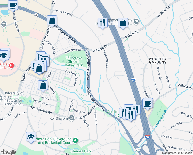 map of restaurants, bars, coffee shops, grocery stores, and more near 1700 Research Boulevard in Rockville