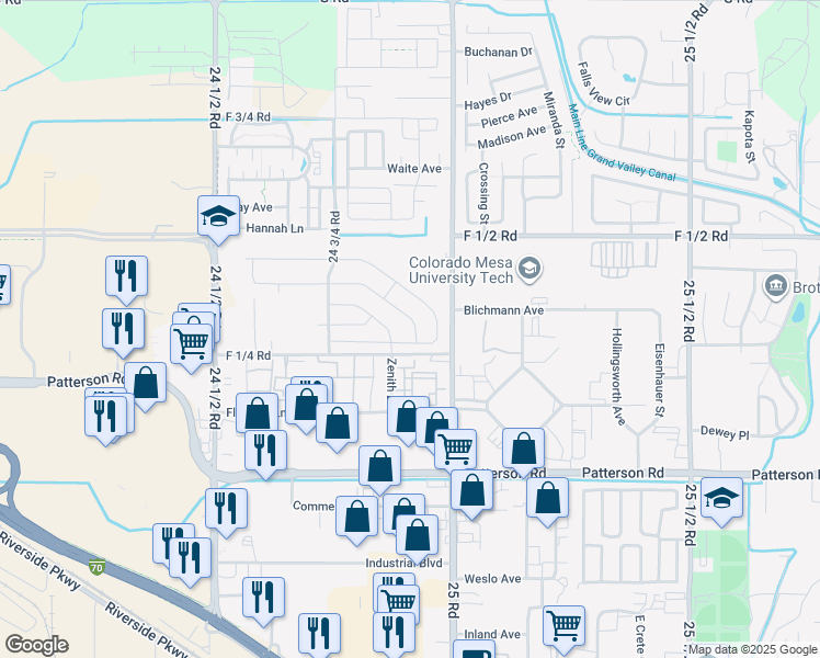 map of restaurants, bars, coffee shops, grocery stores, and more near 2499 Kerk Avenue in Grand Junction