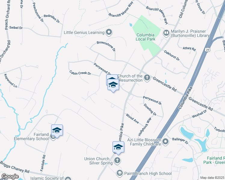 map of restaurants, bars, coffee shops, grocery stores, and more near 13313 Old Columbia Pike in Silver Spring