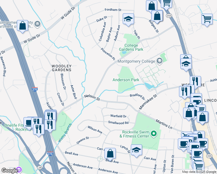 map of restaurants, bars, coffee shops, grocery stores, and more near 882 College Parkway in Rockville