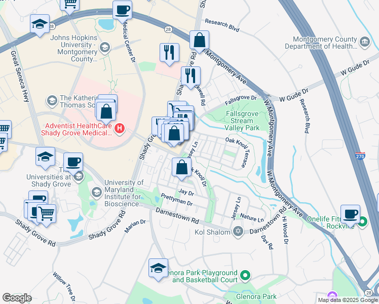 map of restaurants, bars, coffee shops, grocery stores, and more near 1102 Oak Knoll Terrace in Rockville