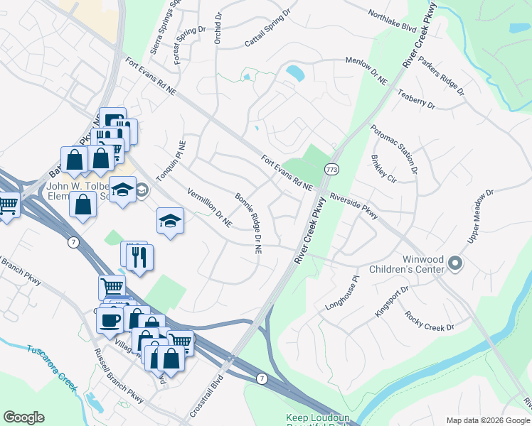 map of restaurants, bars, coffee shops, grocery stores, and more near 829 Valemount Terrace Northeast in Leesburg