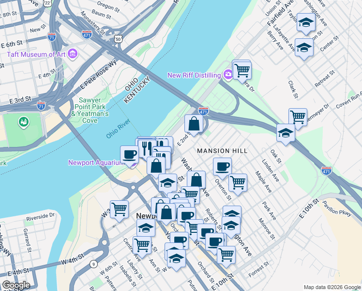 map of restaurants, bars, coffee shops, grocery stores, and more near 305 3rd Street in Newport