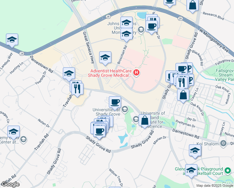 map of restaurants, bars, coffee shops, grocery stores, and more near 9701 Darnestown Road in Rockville