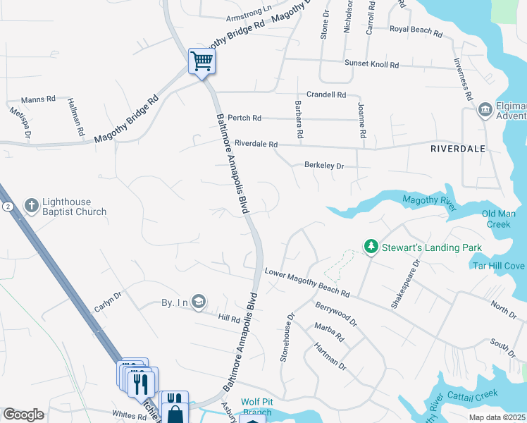 map of restaurants, bars, coffee shops, grocery stores, and more near Laguna Circle in Severna Park