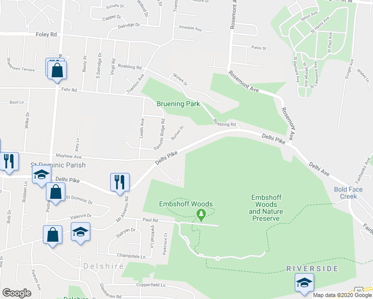 map of restaurants, bars, coffee shops, grocery stores, and more near 4123 Delhi Pike in Cincinnati