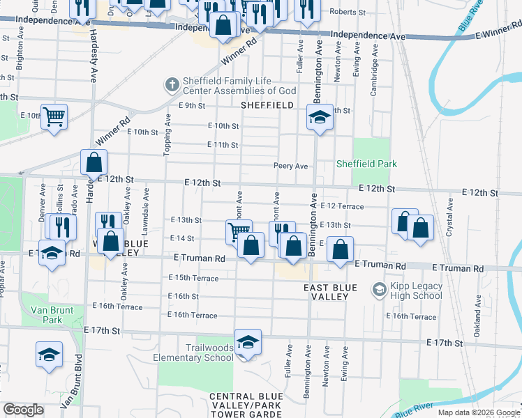 map of restaurants, bars, coffee shops, grocery stores, and more near 6216 East 13th Street in Kansas City