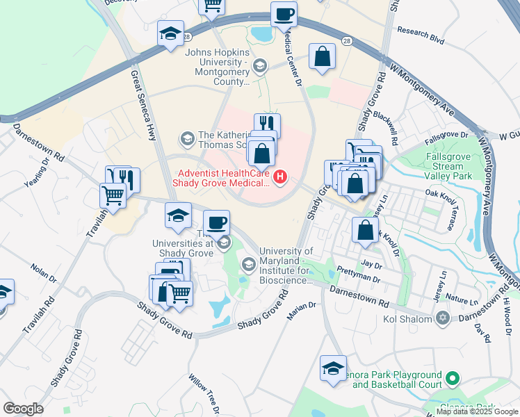 map of restaurants, bars, coffee shops, grocery stores, and more near 9808 Medical Center Drive in Rockville