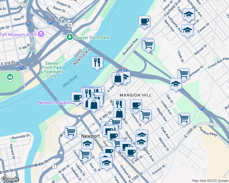 map of restaurants, bars, coffee shops, grocery stores, and more near 306 Overton Street in Newport