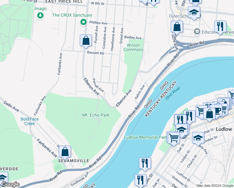 map of restaurants, bars, coffee shops, grocery stores, and more near 364 Grand Avenue in Cincinnati