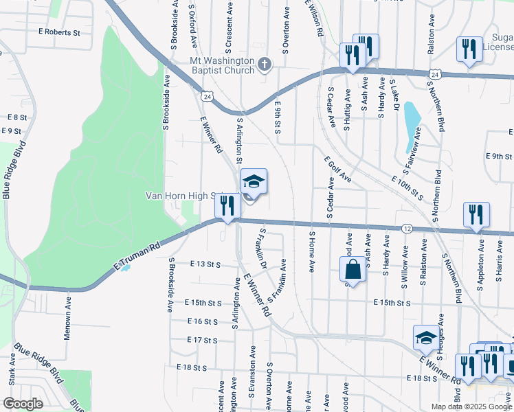 map of restaurants, bars, coffee shops, grocery stores, and more near 1109 South Arlington Avenue in Independence