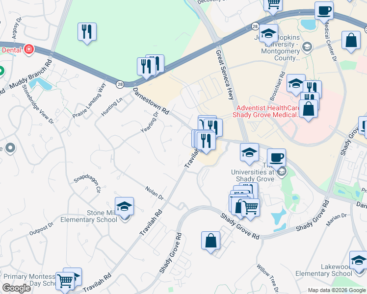 map of restaurants, bars, coffee shops, grocery stores, and more near 10161 Treble Court in Rockville