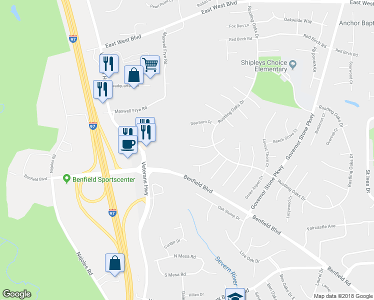 map of restaurants, bars, coffee shops, grocery stores, and more near 513 Moonflower Court in Millersville