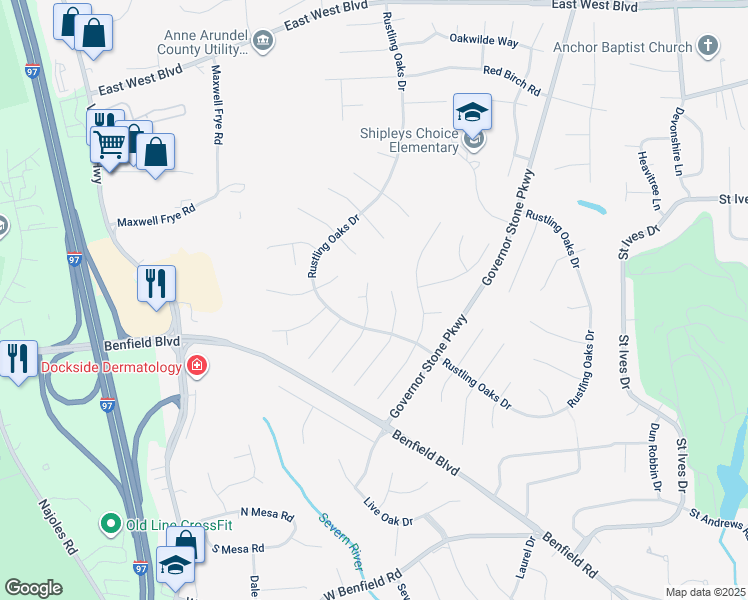 map of restaurants, bars, coffee shops, grocery stores, and more near 307 Willow Run Court in Severna Park